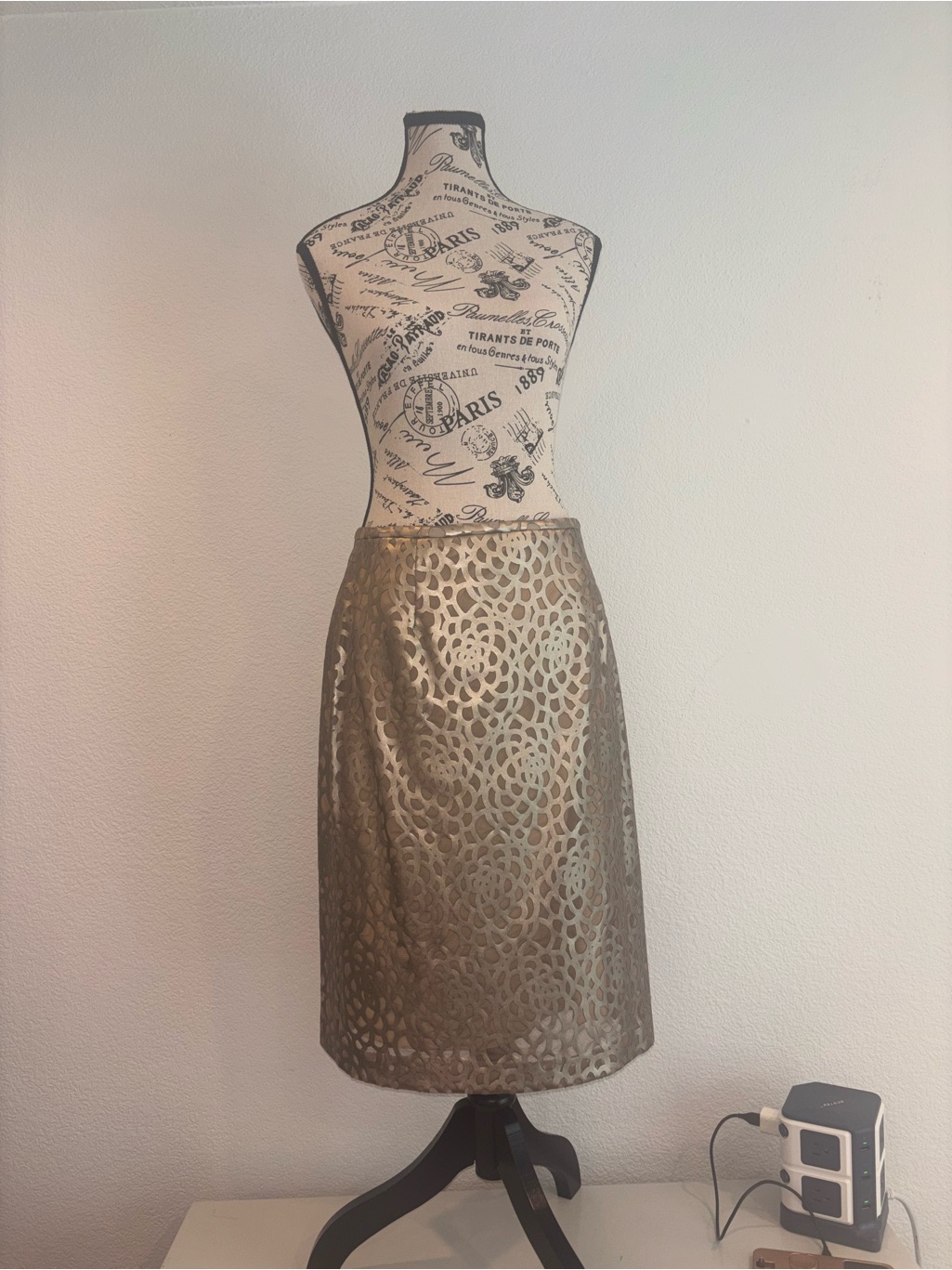 Gold Metallic Midi Skirt With Laser-Cut Overlay